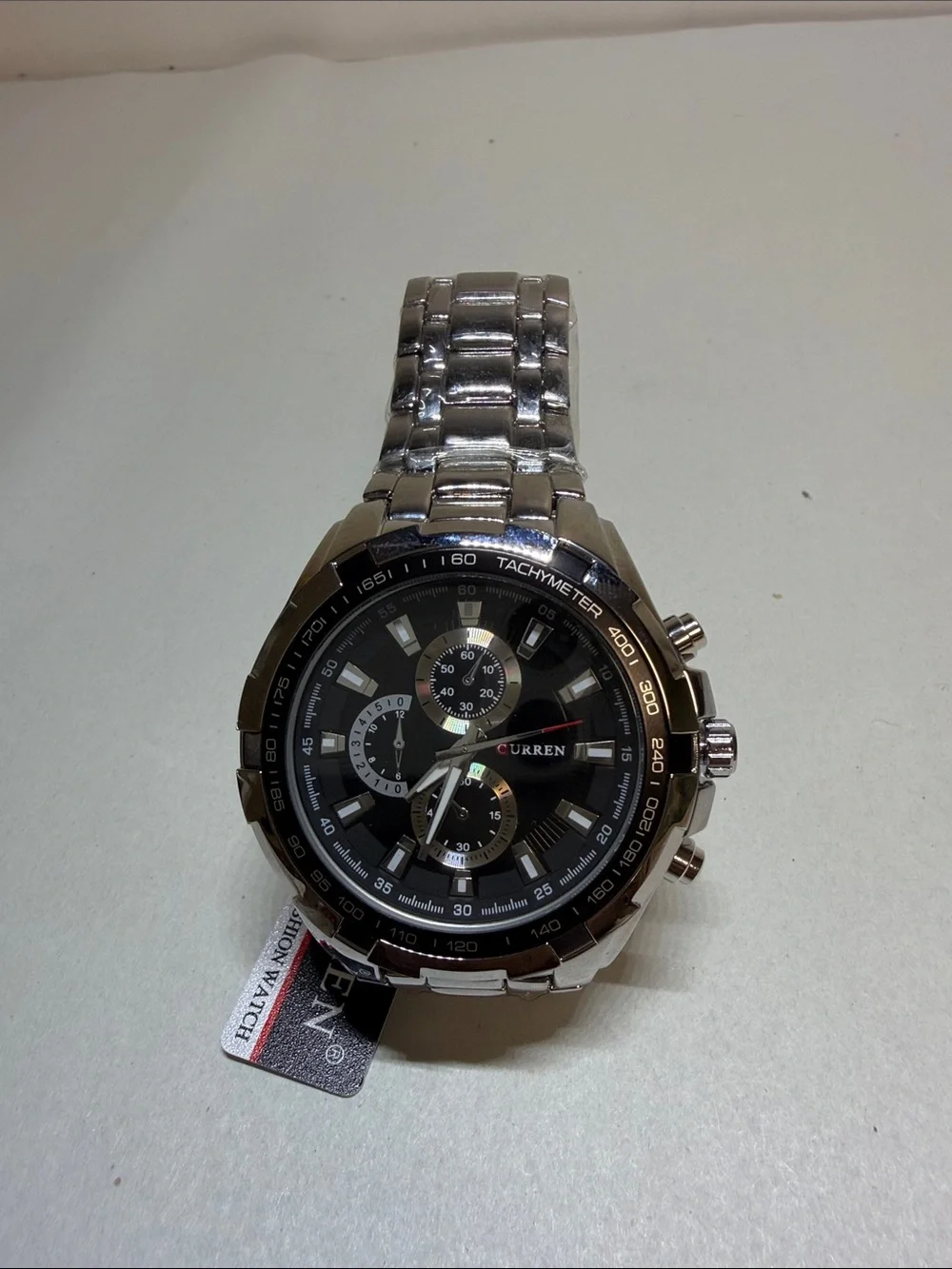 Men's Silver Stainless Steel Chronograph Watch with Black Dial